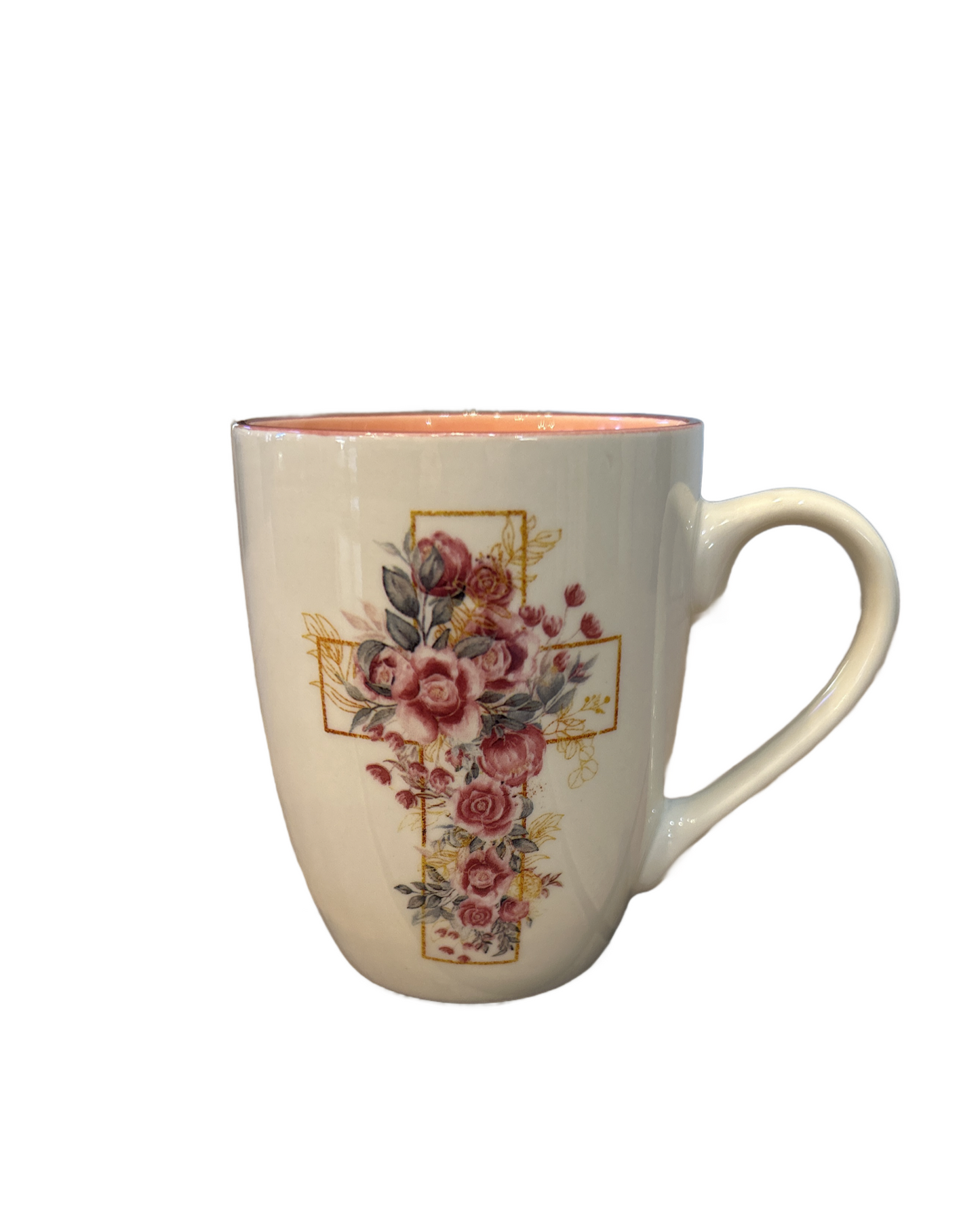 White mug with floral cross design on a white background