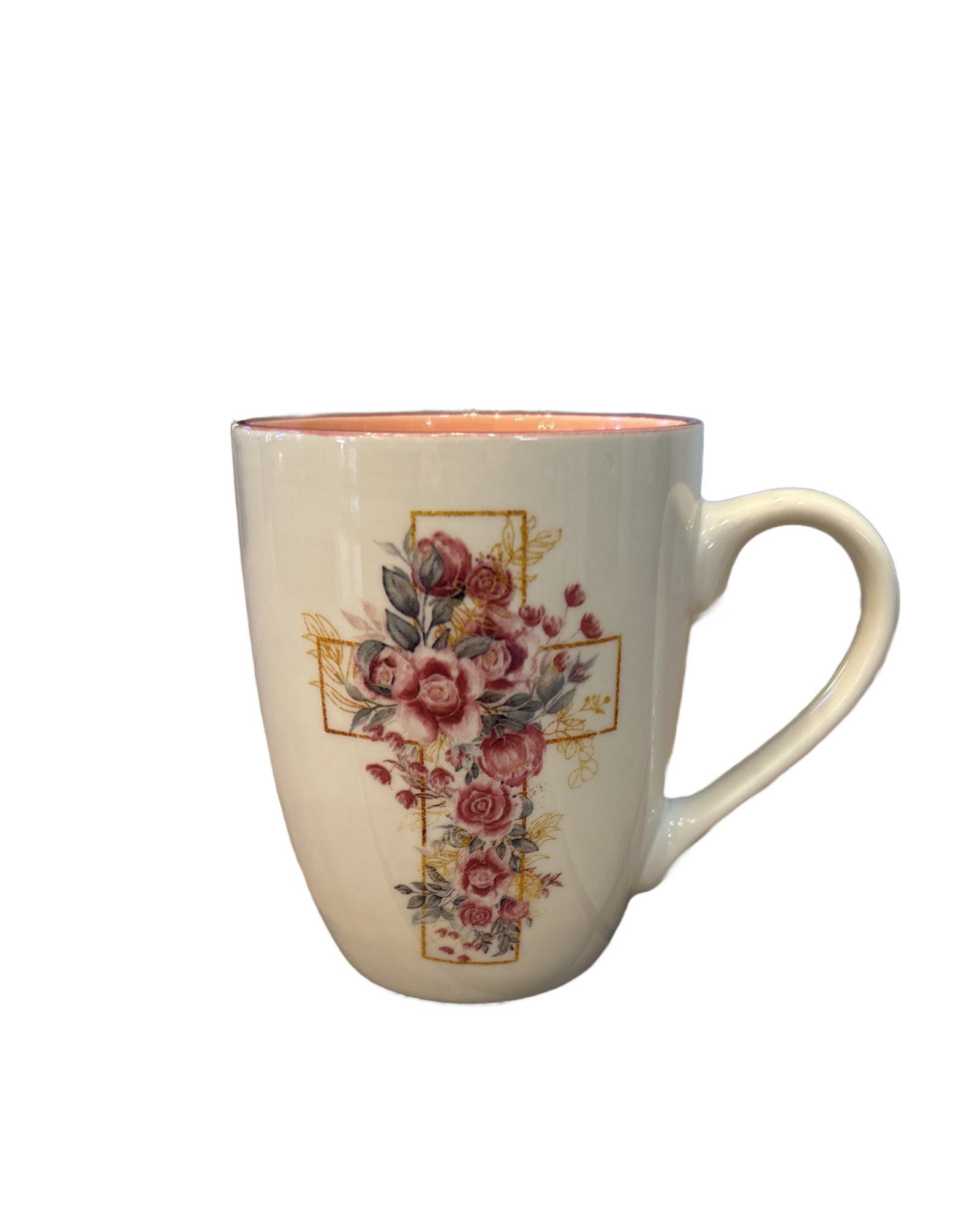 White mug with floral cross design on a white background