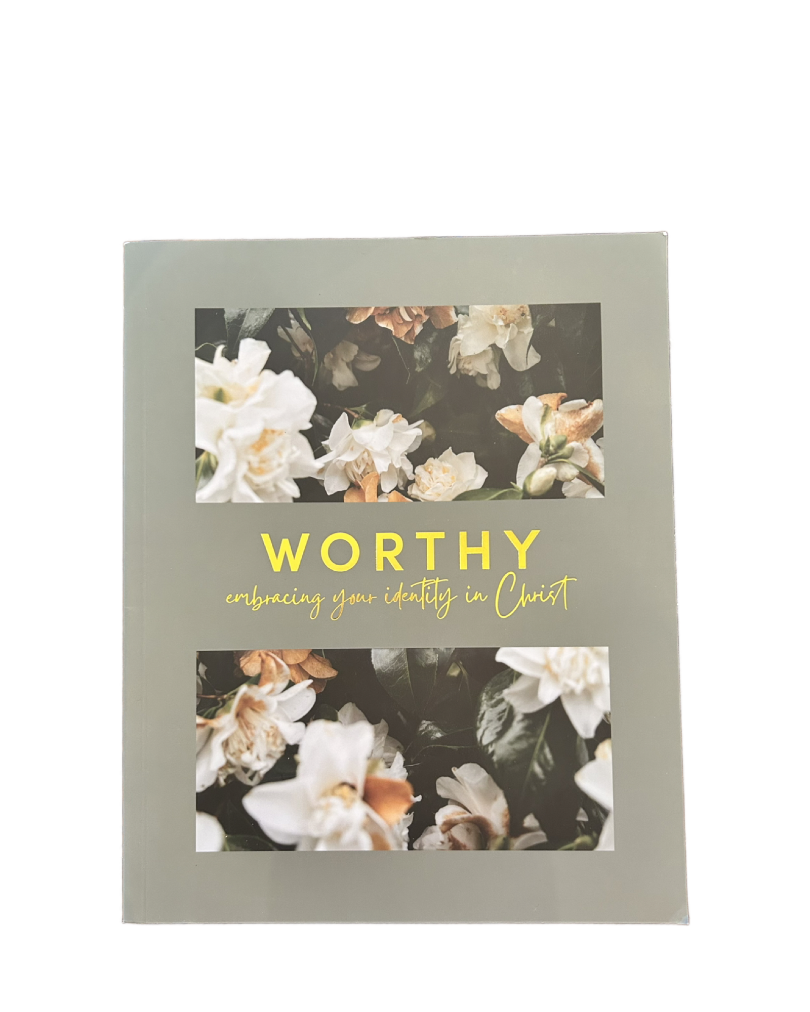 Bible journal with floral design and 'Worthy' text on a white background