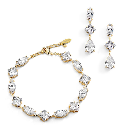 A bridal jewelry set including a gold-plated bracelet with multi-shape gems and matching earrings with a dangle design, set with clear, colorless gems.