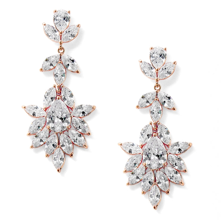 Rose gold floral shaped cubic zirconia earrings on a white background.