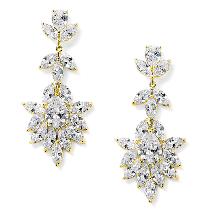 Gold floral shaped cubic zirconia earrings on a white background.