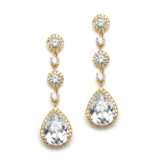 A pair of gold-plated cubic zirconia pear-shape drop earrings with rhinestone embellishments.