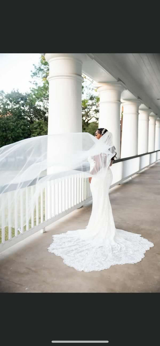 A bride wearing a custom beaded bridal veil with a metal comb, standing near a columned structure with a view of greenery in the background.