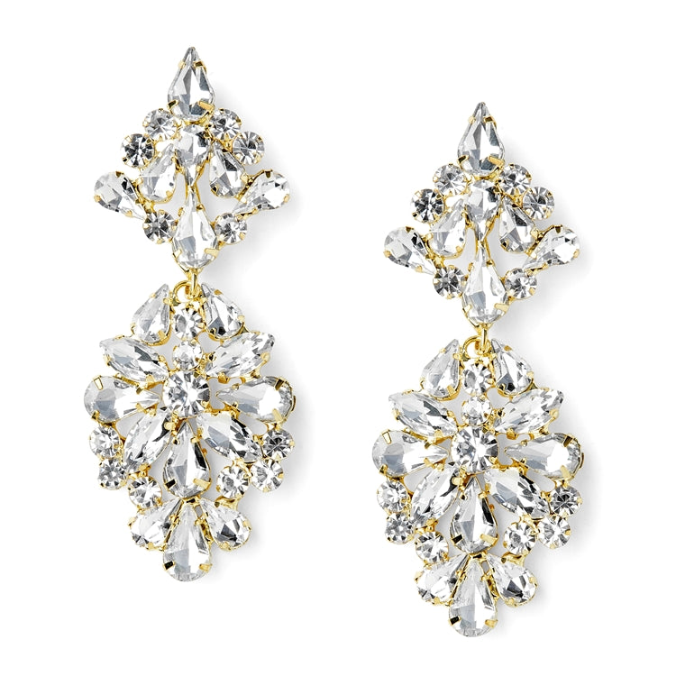A pair of gold-colored bridal earrings with a vintage modern style, featuring a floral pattern with Austrian crystals.