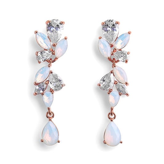 A pair of opal and cubic zirconia earrings with marquis and tear drop shaped stones, in rose gold tone metal.